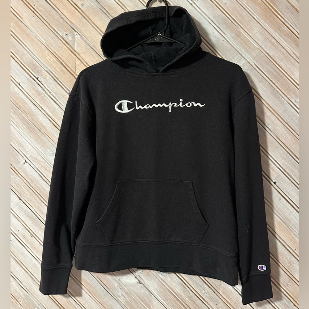 Champion Black Embroidered White Thread Logo Hoodie Sweater Patch Womens